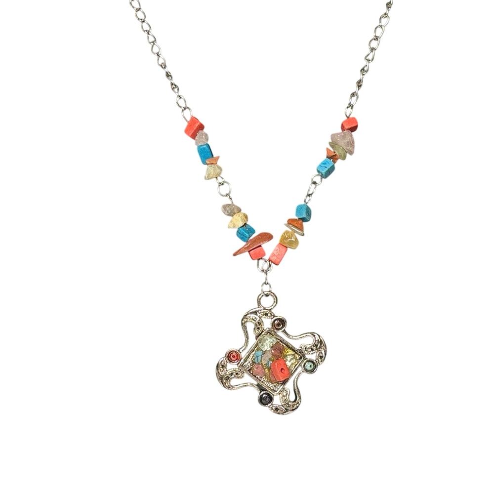 Artisan Style Multicolor Chip Bead Cross Pendant Necklace Silver Tone 18”